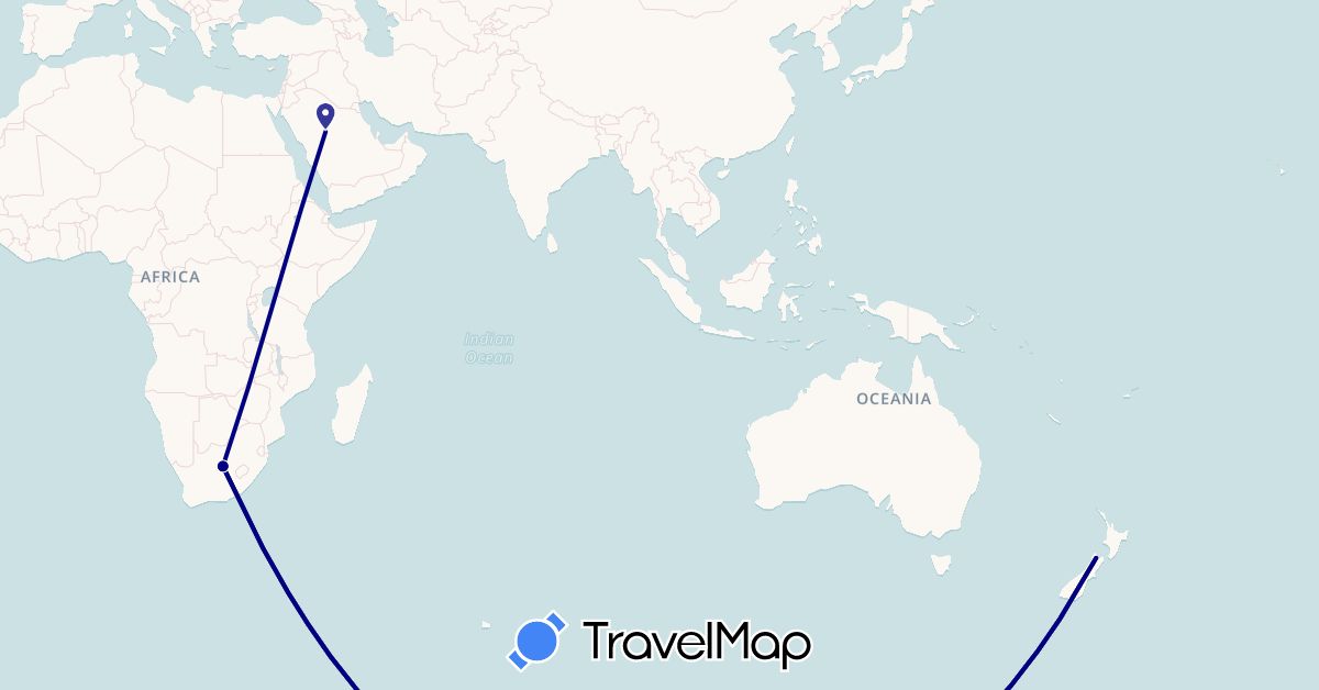 TravelMap itinerary: driving in New Zealand, Saudi Arabia, South Africa (Africa, Asia, Oceania)