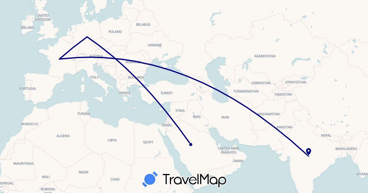 TravelMap itinerary: driving in Germany, France, India, Saudi Arabia (Asia, Europe)